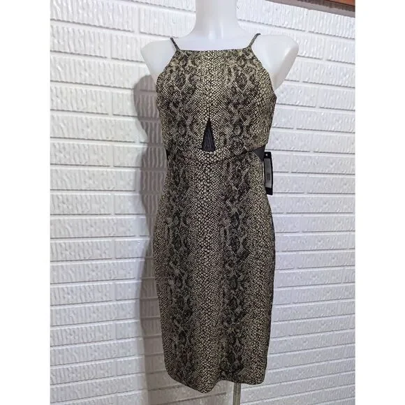 Bebe Women's Gold & Black Snake Print Sleeveless Black Mesh Sides Net Dress Size - Picture 1 of 11